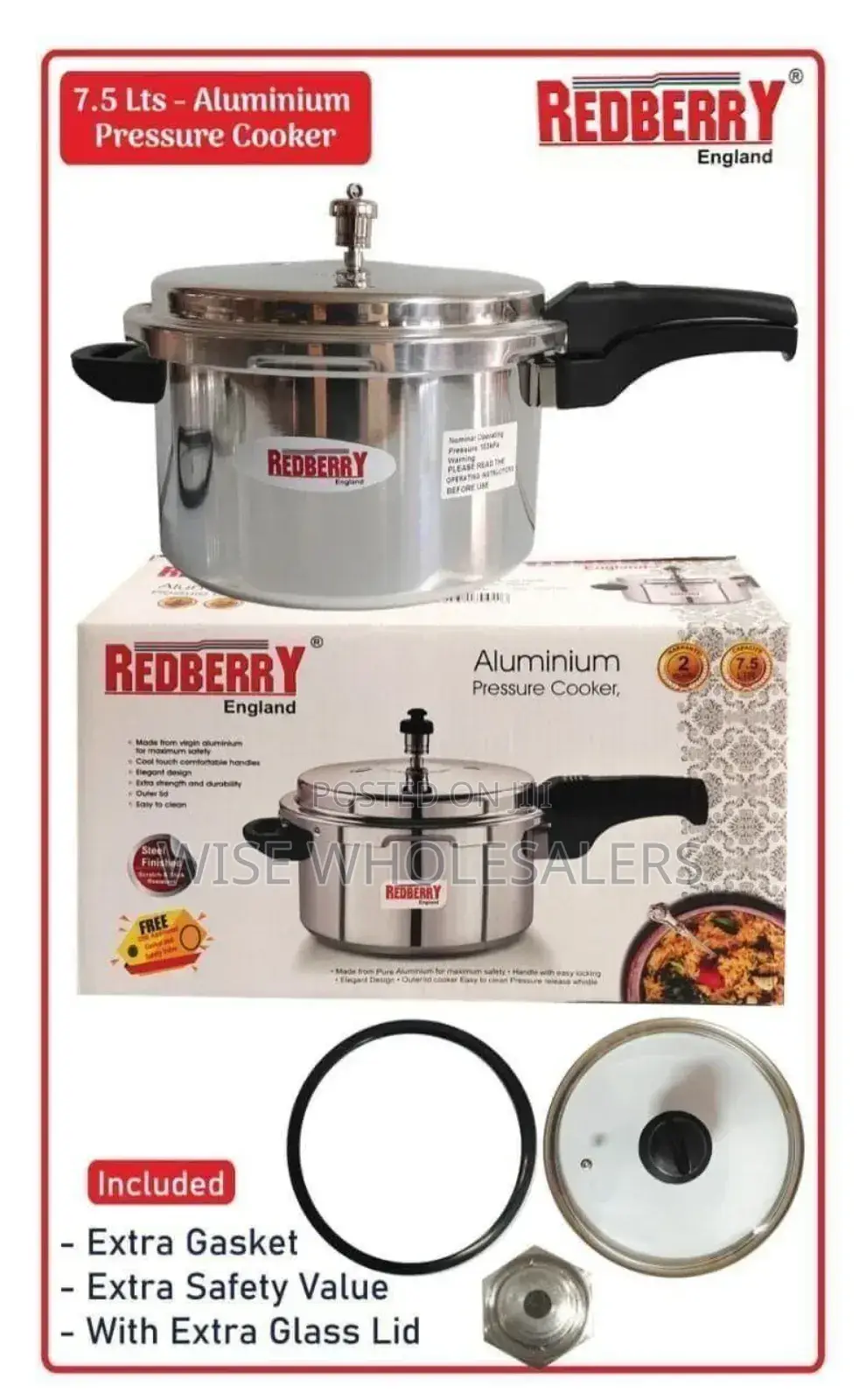 Redberry Premium Range Aluminium Pressure Cooker 7.5 Ltr