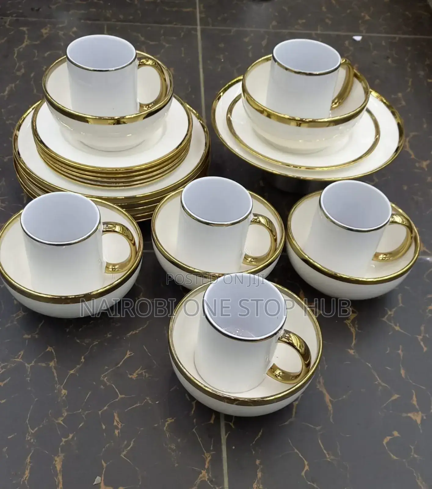 24pcs White Dinner Set With Gold Rim – Plates, Bowls and Mugs
