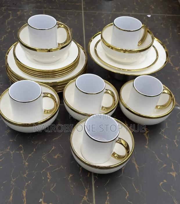 24pcs White Dinner Set With Gold Rim – Plates, Bowls and Mugs