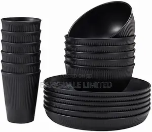 18pcs Dishes Set Dinnerware Cups Black Plates Bowls Glass Whitedishes