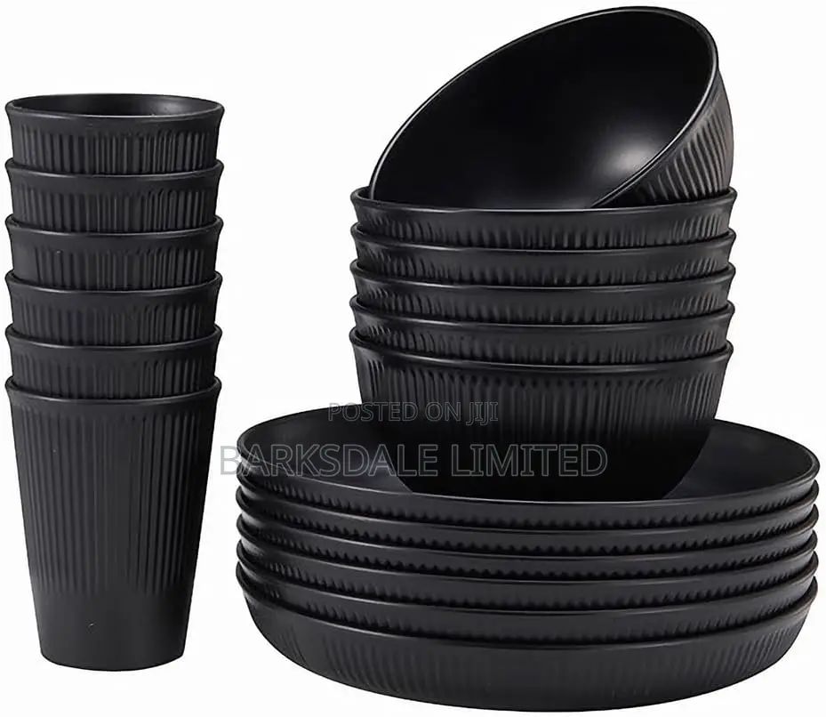 18pcs Dishes Set Dinnerware Cups Black Plates Bowls Glass Whitedishes