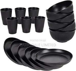 18pcs Dishes Set Dinnerware Cups Black Plates Bowls Glass Whitedishes