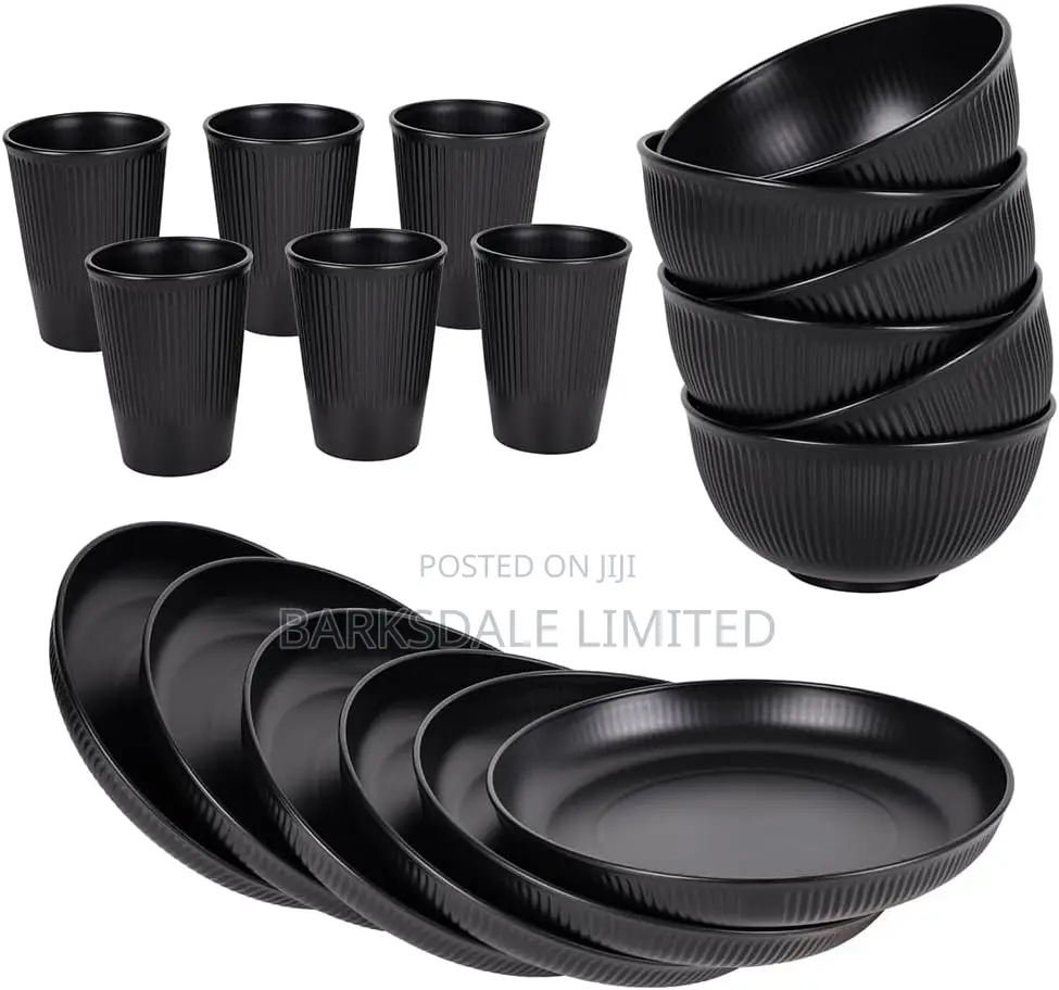 18pcs Dishes Set Dinnerware Cups Black Plates Bowls Glass Whitedishes