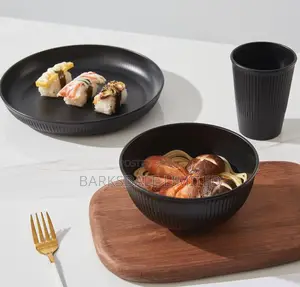 18pcs Dishes Set Dinnerware Cups Black Plates Bowls Glass Whitedishes