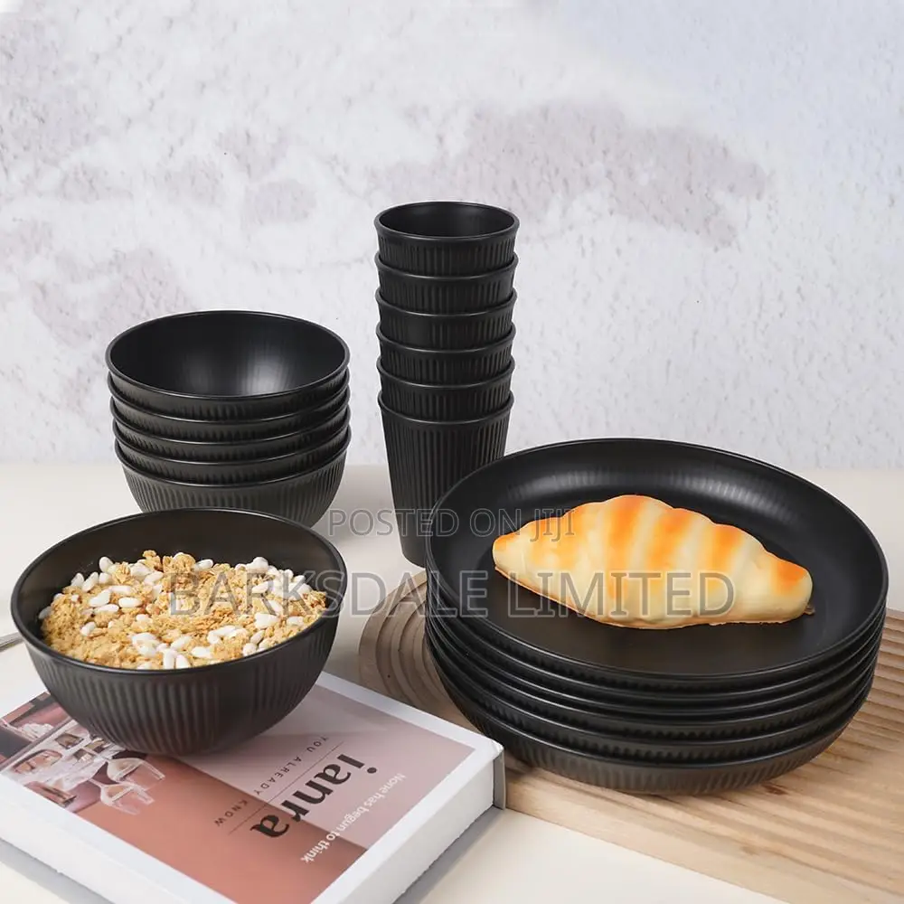 18pcs Dishes Set Dinnerware Cups Black Plates Bowls Glass Whitedishes