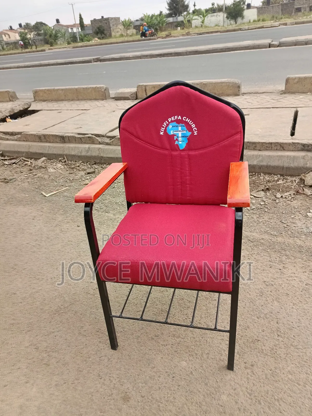 Church Red Chair With a Wooden Armrest 