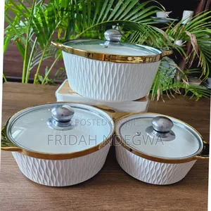 3pc Set Gold Ceramic Serving Dishes With Glass Cover