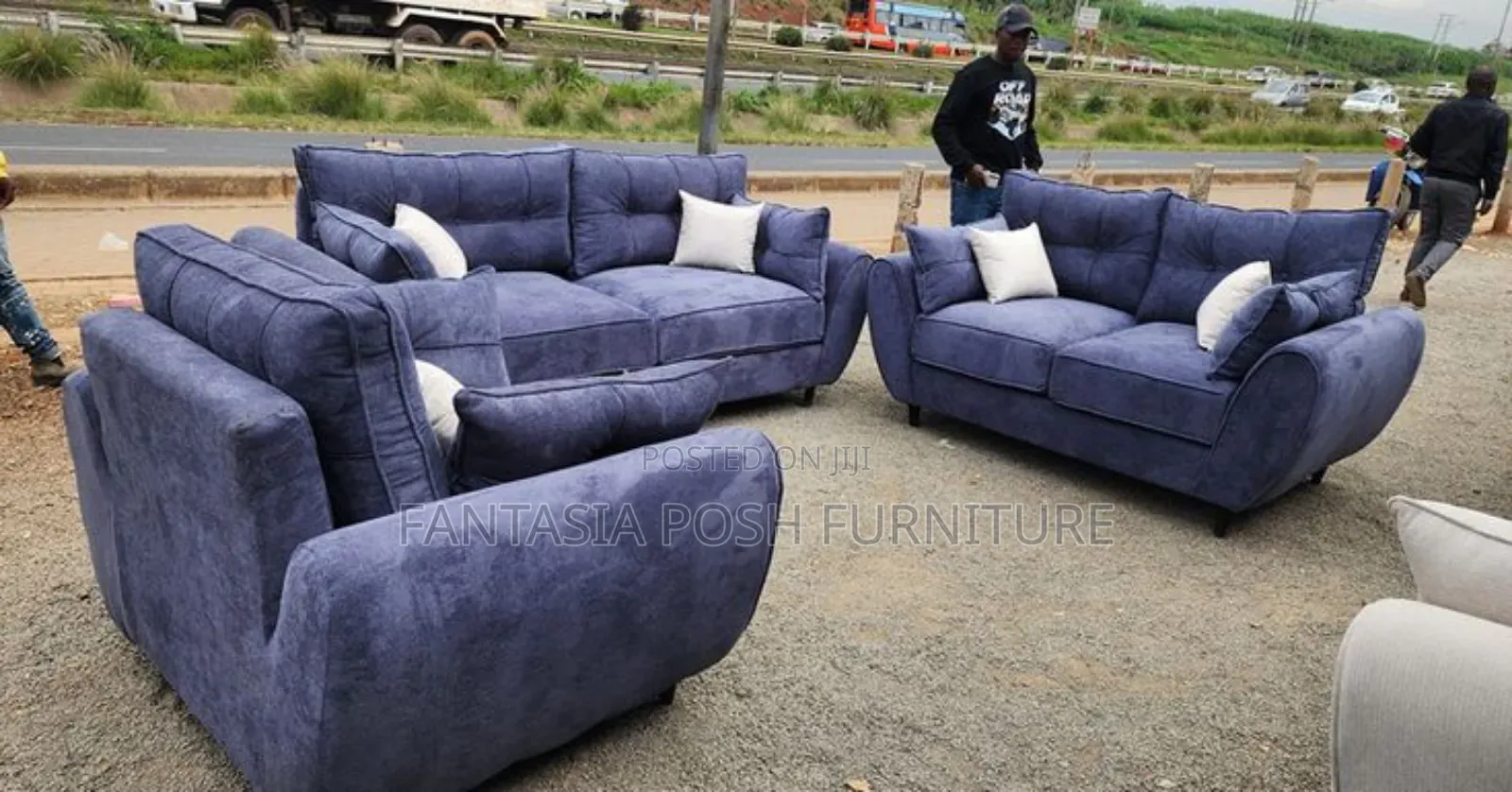 Navy Blue Fabric Living Room Set Three Piece