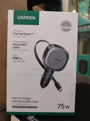 Ugreen 75w Fast Car Charger With a Retractable Cable.