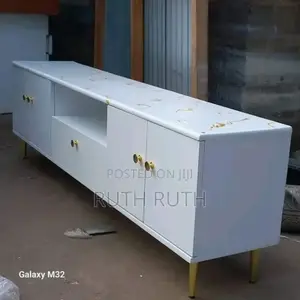 *6 Ft Modern Classy White Themed Tv Stand With Marble Topping*
