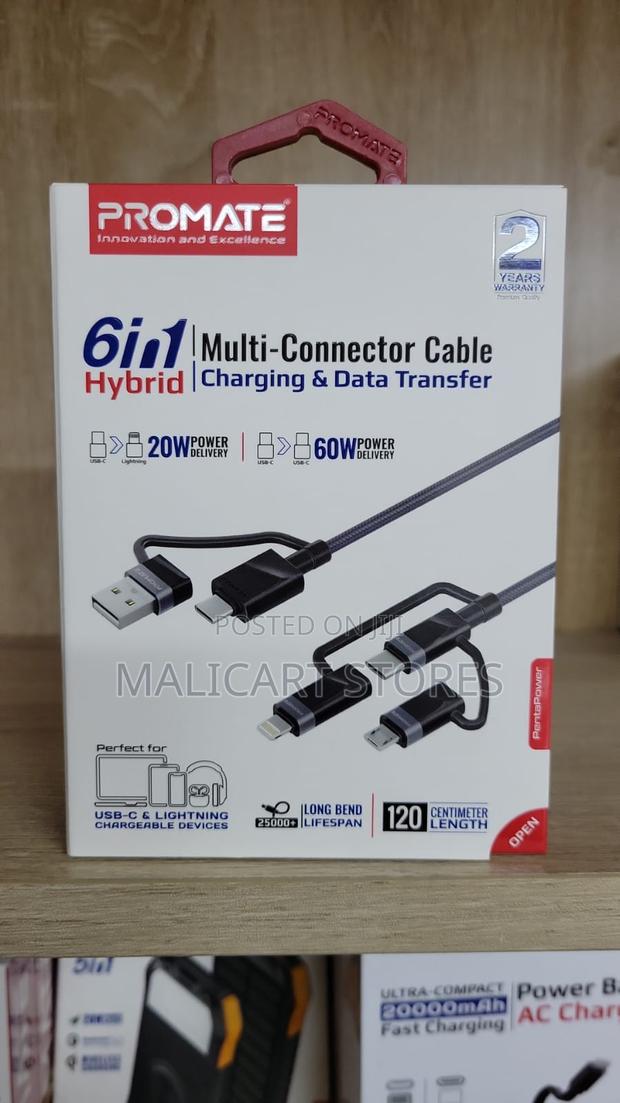 Promate 6-in-1 Hybrid Multi-Connector Cable Charging Data Transfer