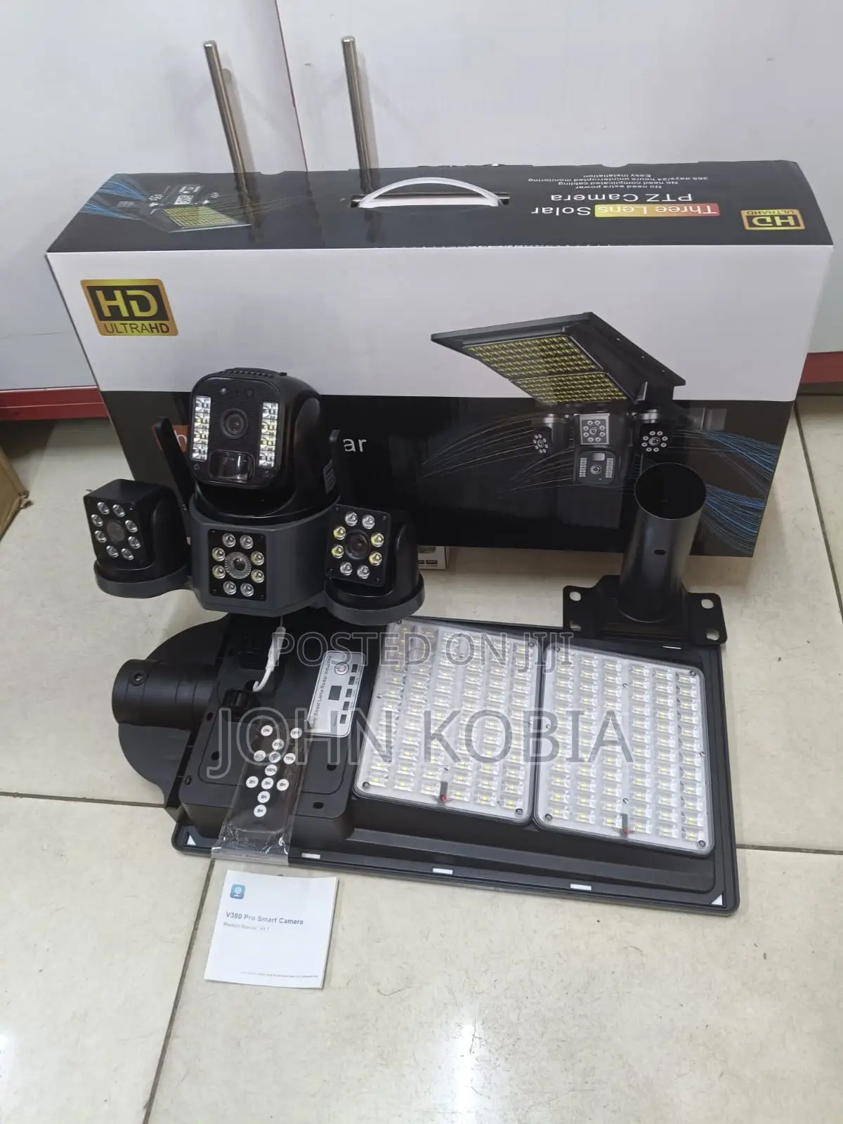 V380 Pro Three-Lens Solar PTZ Camera With Led Floodlight