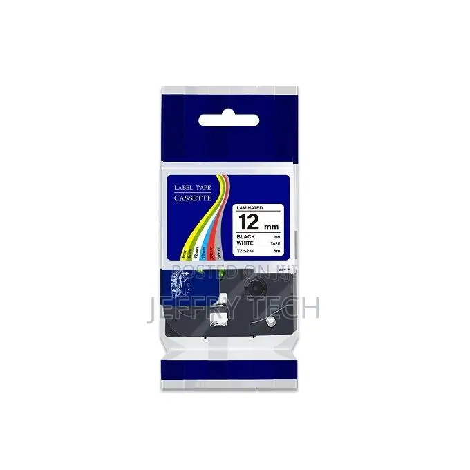 TZC 231 - 12mm Black on White Label Printer Tape Cartridge