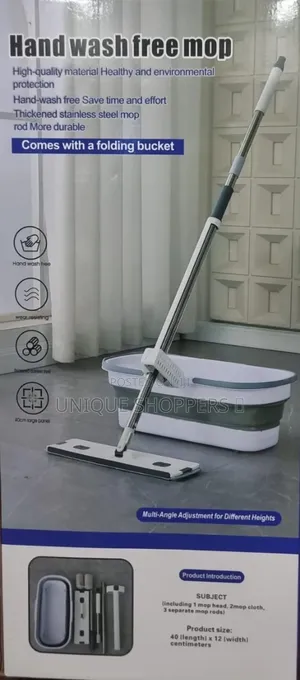 Self Wringing Hand Wash Free Flat Mop With Foldable Bucket