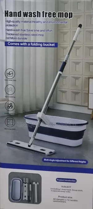 Self Wringing Hand Wash Free Flat Mop With Foldable Bucket