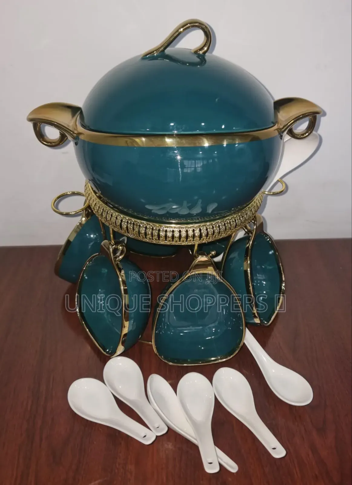 16pc Ceramic Soup Set on Golden Stand
