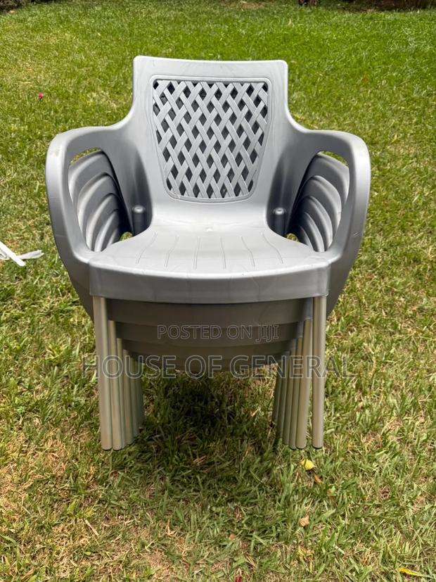 Gray Armed Plastic Chairs With Metal Legs. Strong and Durable Chair