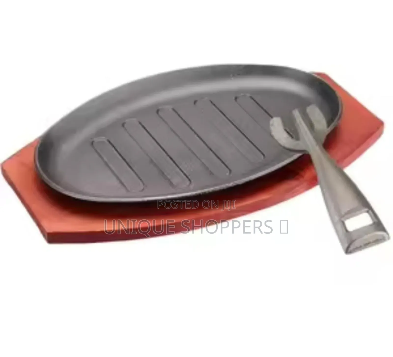 Cast Iron Hot Sizzling Plate on Wooden Tray