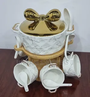 6 Ceramic Marble-Like Soup Bowls 1 Soup Touren on Bamboo Base + Burner