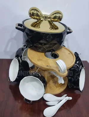 6 Ceramic Marble-Like Soup Bowls 1 Soup Touren on Bamboo Base + Burner