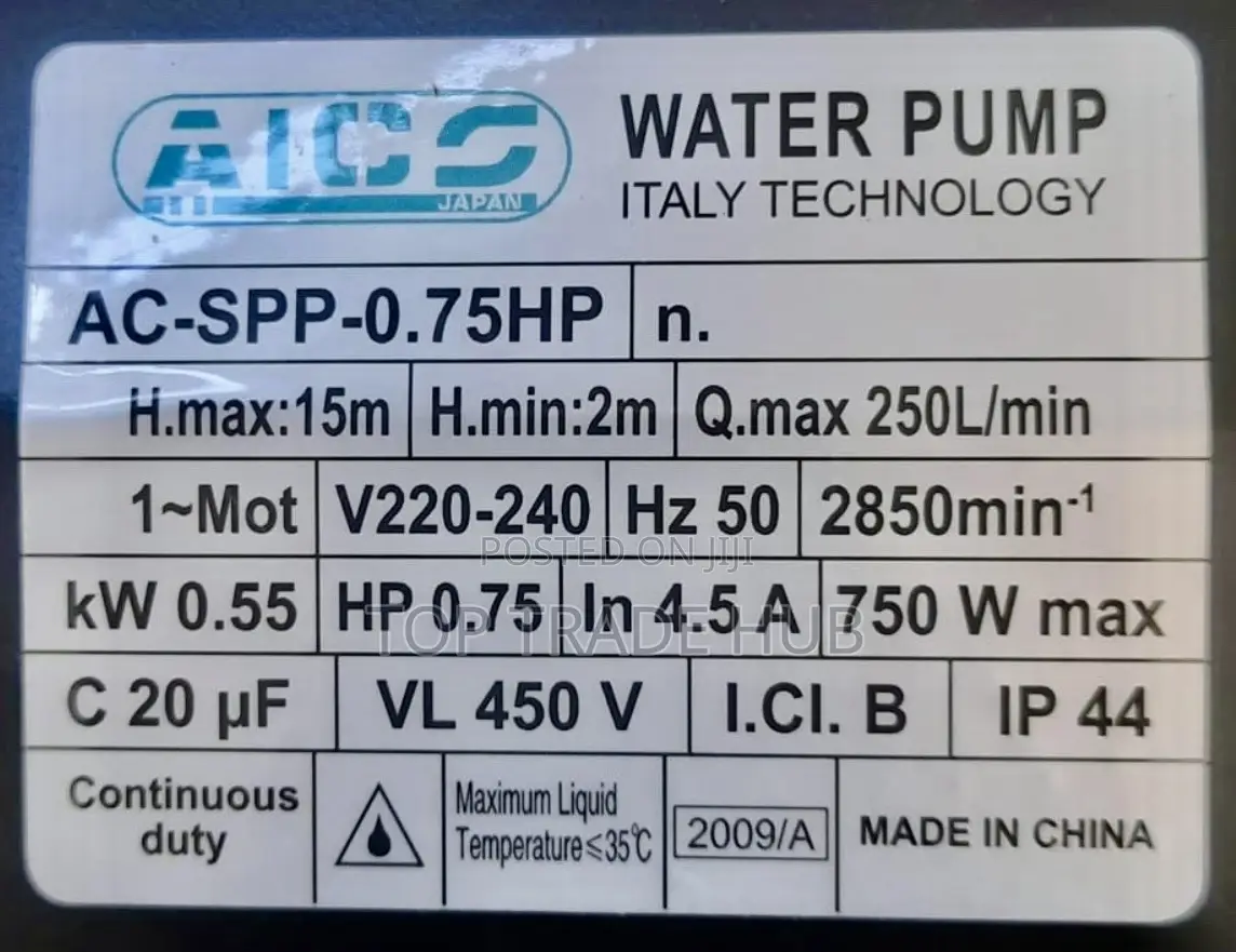 Aico Japan Swimming Pool Pump 0.75hp Head Max 15m Flow Rate 250l/Min