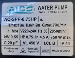 Aico Japan Swimming Pool Pump 0.75hp Head Max 15m Flow Rate 250l/Min