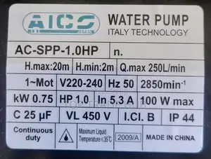 Aico Japan Swimming Pool Pump Head Max 20 M Flow Rate 250l/Min 1.0hp