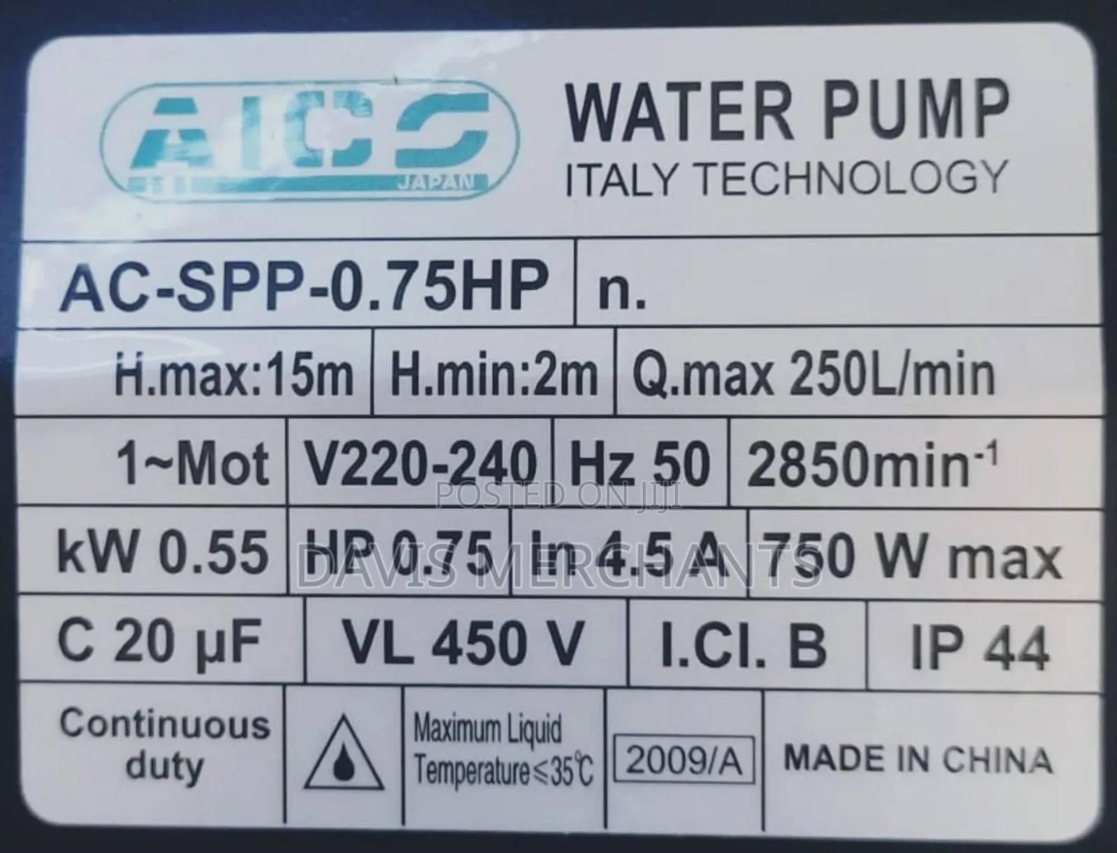 0.75hp Aico Swimming Pool Pump* Head Max 15 Metres
