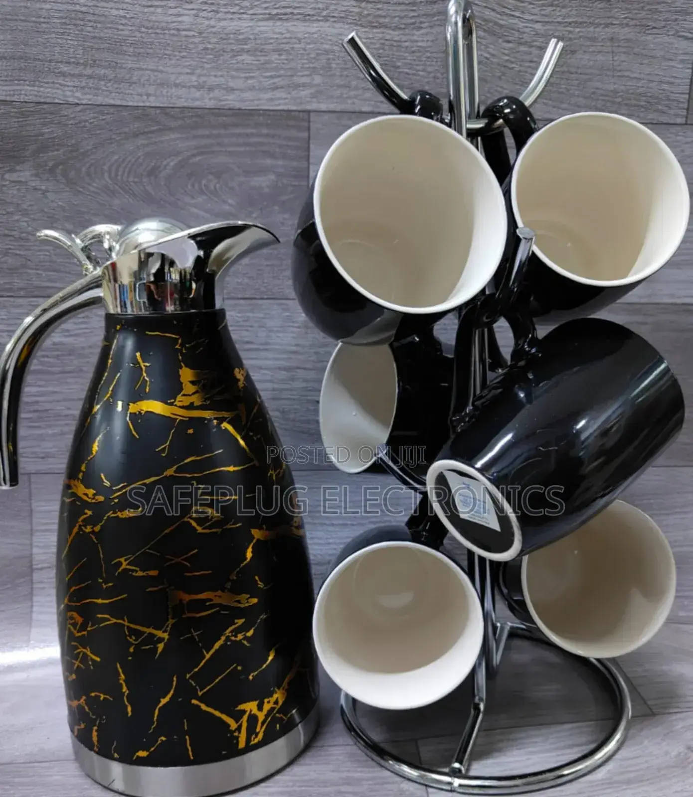 6pcs Black Mugs, 1.2l Marble Flask - Breakfast Combo Set