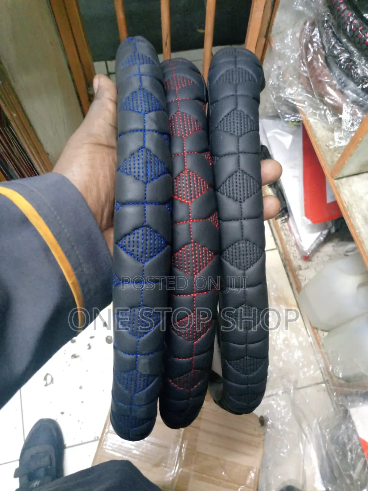 Classy Stitched Leather Steering Wheel Cover in Red,Blue, Black