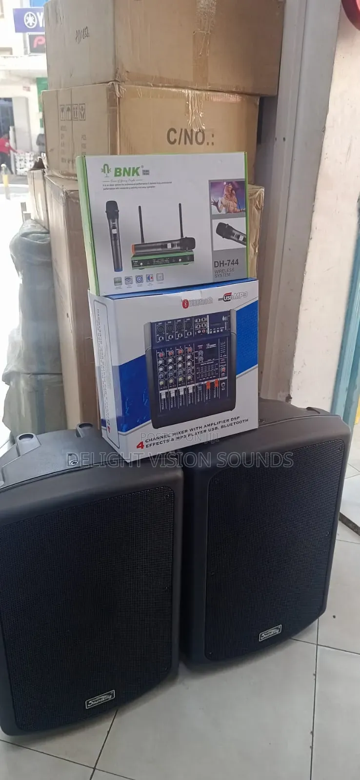 BNK Wireless Microphone, 4channel Mixer and Soundking Speakers