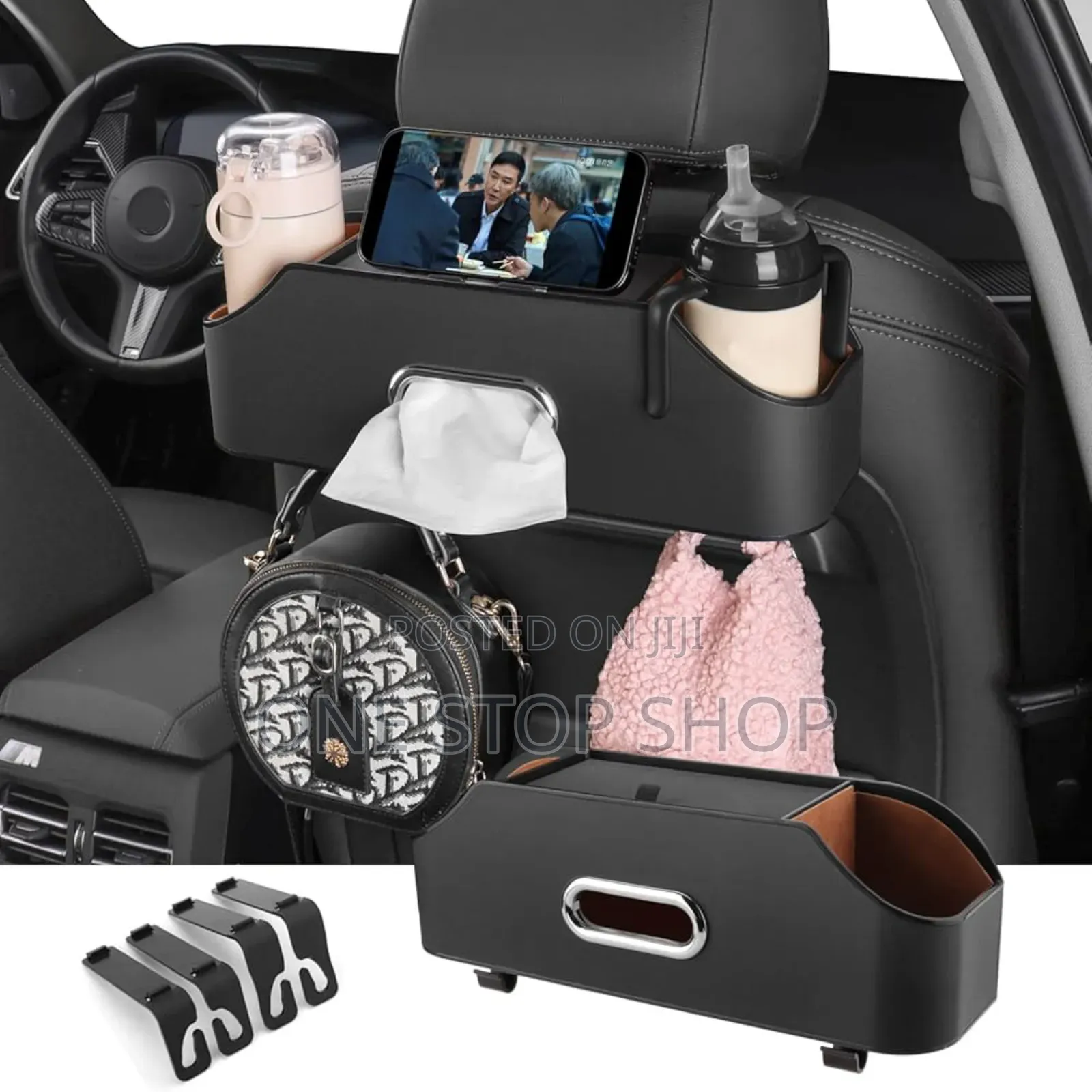 Car Back Seat Tissue Storage +Cupholders+Bag Hooks