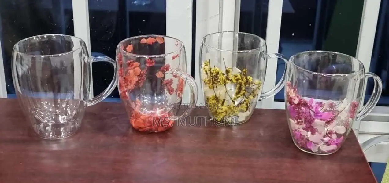 A Pair (2) Natural Rose Double Layer Hot and Cold Glass Cup 250ml