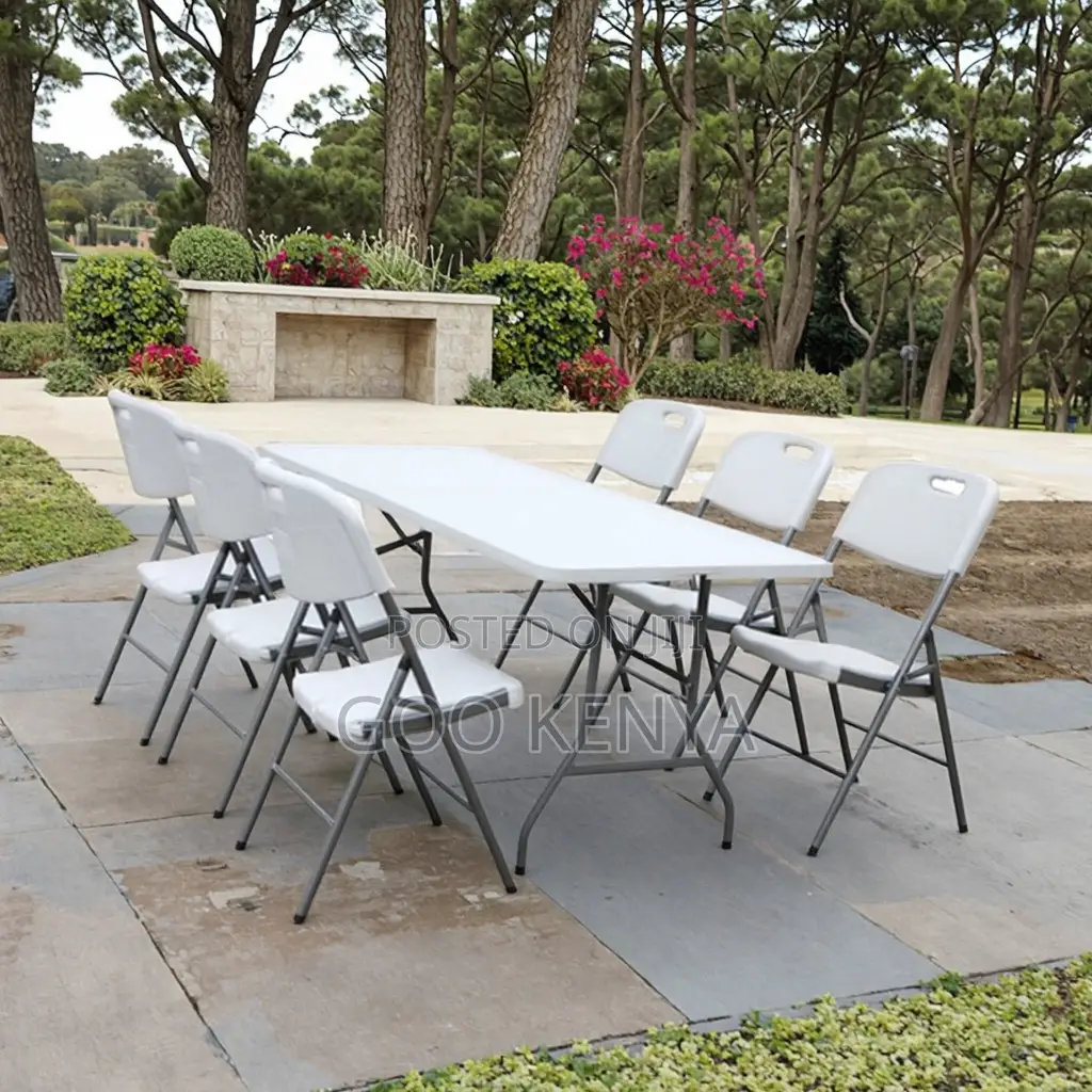Dining Set; White Foldable 6-Seater Outdoor Dining Set