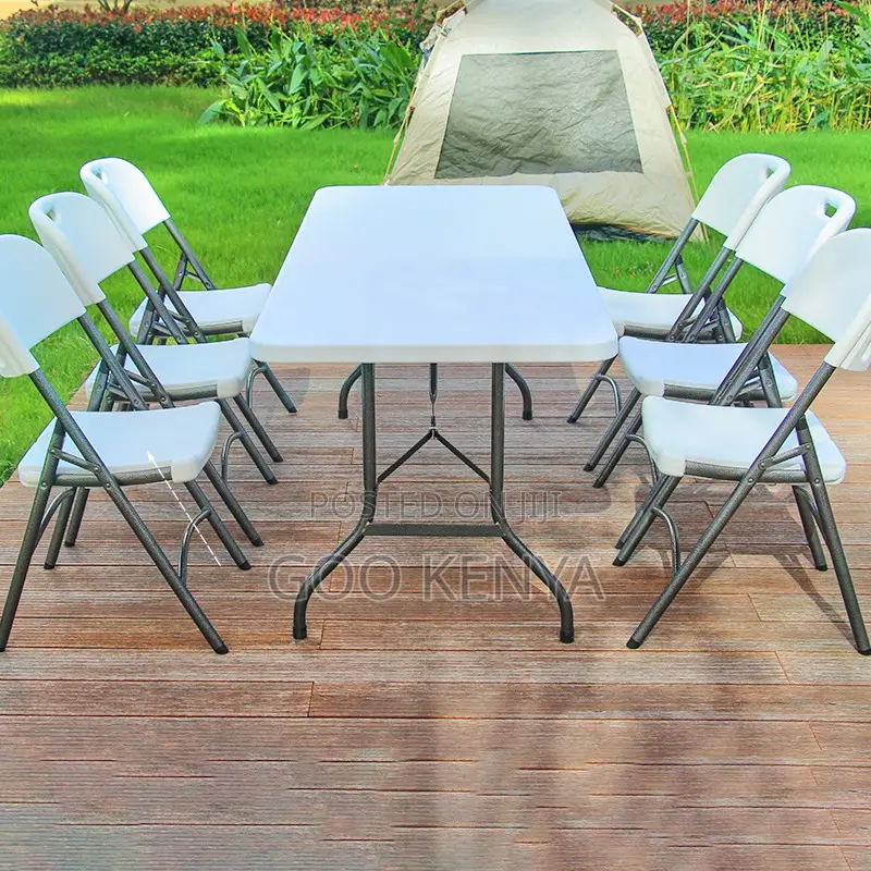Dining Set; White Foldable 6-Seater Outdoor Dining Set