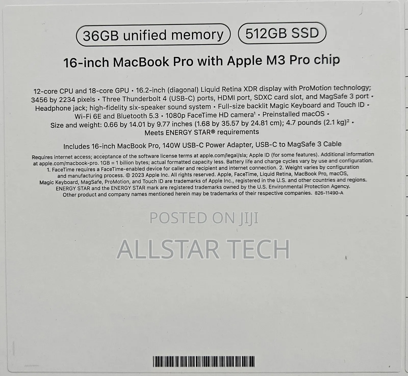 New Apple MacBook Pro 2023 M3 Pro 16-Inch 36GB Apple M3 Pro SSD 512GB