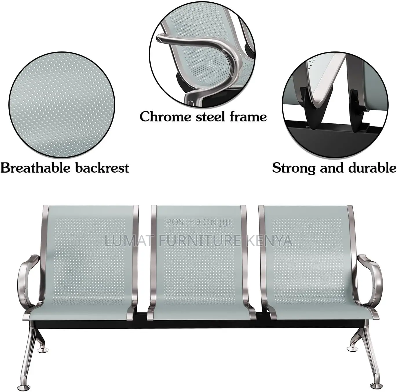 Durable 3-Link Office Waiting Bench – Non-Padded