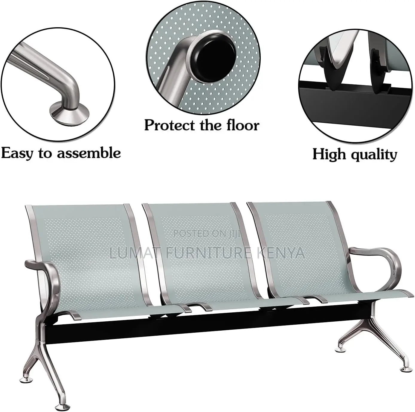 Durable 3-Link Office Waiting Bench – Non-Padded