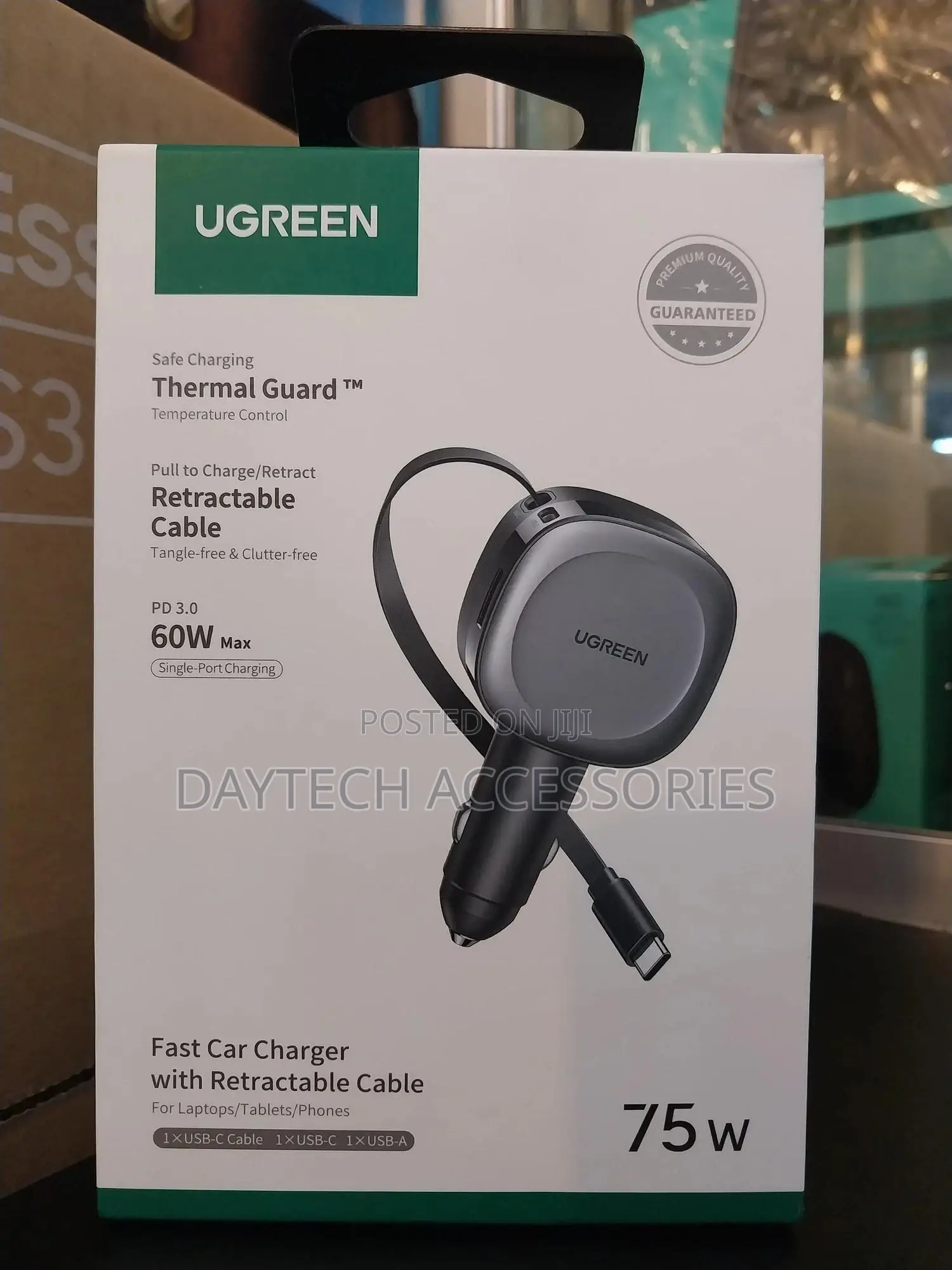 Ugreen 55653 Car Charger Built in Cable Type C Retractable 75w