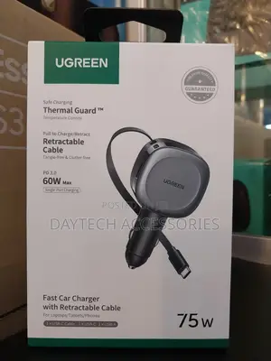 Ugreen 55653 Car Charger Built in Cable Type C Retractable 75w