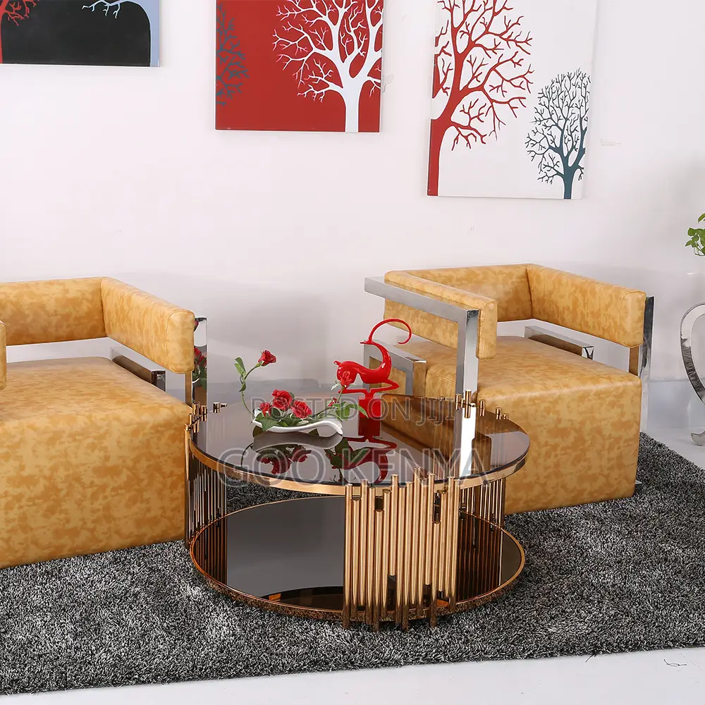 Home Coffee Table; Round Glass Top Coffee Table With Gold Frame