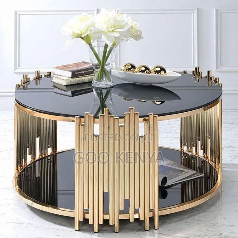 Home Coffee Table; Round Glass Top Coffee Table With Gold Frame