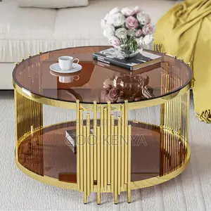 Home Coffee Table; Round Glass Top Coffee Table With Gold Frame