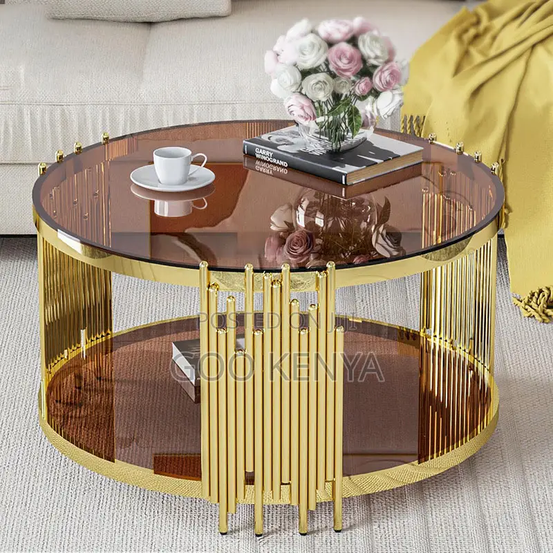 Home Coffee Table; Round Glass Top Coffee Table With Gold Frame