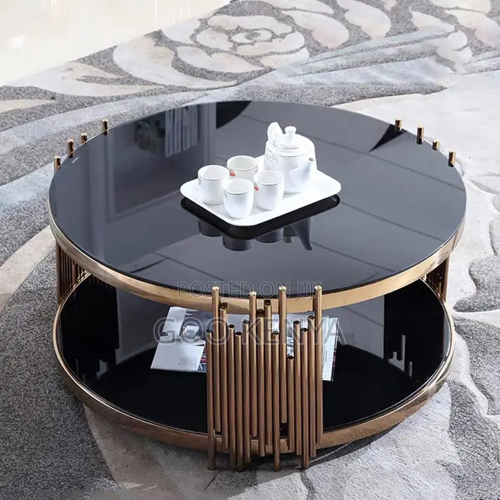 Home Coffee Table; Round Glass Top Coffee Table With Gold Frame