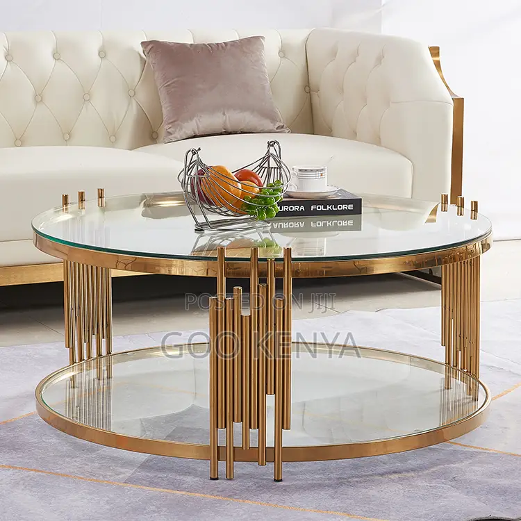 Home Coffee Table; Round Glass Top Coffee Table With Gold Frame