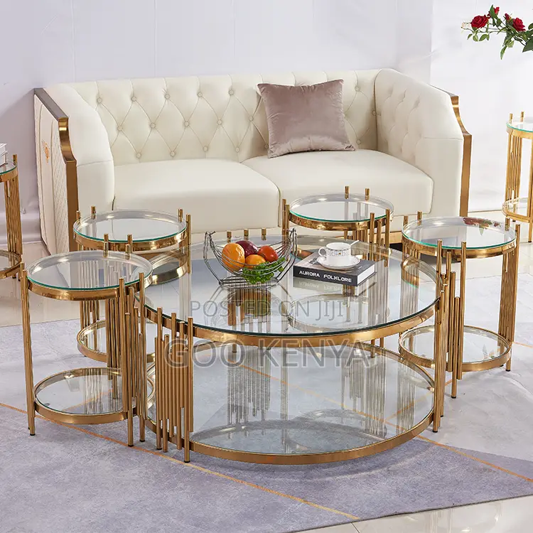 Home Coffee Table; Round Glass Top Coffee Table With Gold Frame