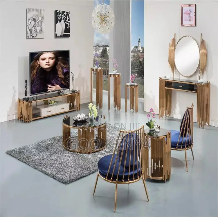Home Coffee Table; Round Glass Top Coffee Table With Gold Frame