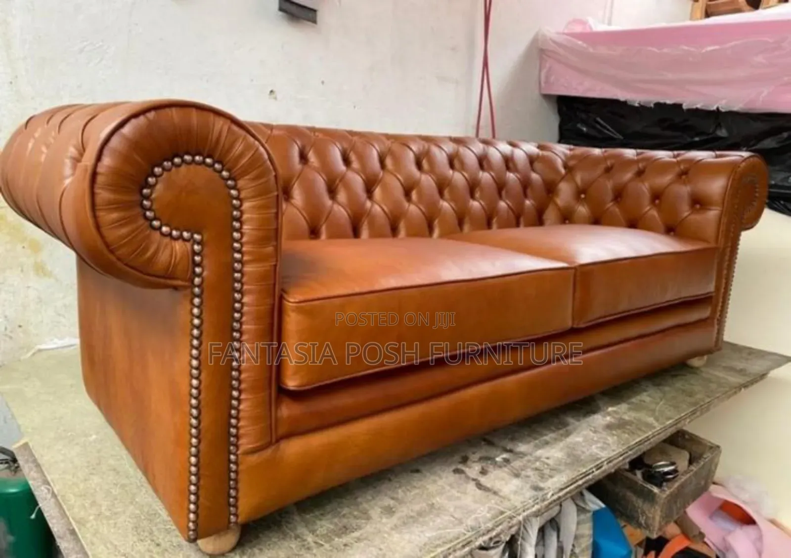 3-Seater Tan Leather Chesterfield Sofa