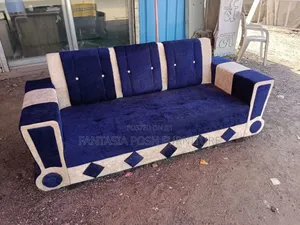 3-Seater Blue Beige Two-Tone Fabric Sofa